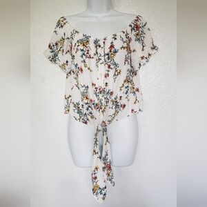 White Floral Crop Top Blouse Sz L Button Down Ruffled Sleeves Off The Shoulder